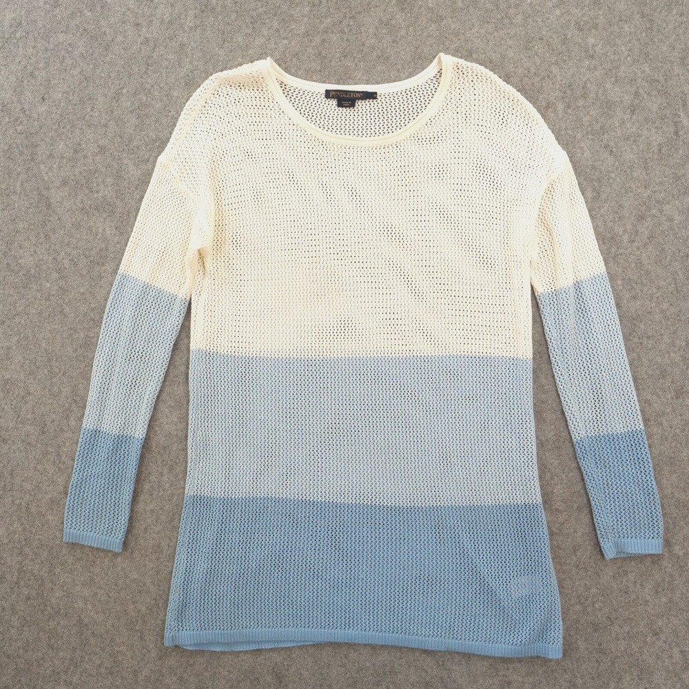Pendleton Dress Sweater Womens Small Blue White Pullover Long Sleeve  Open Knit